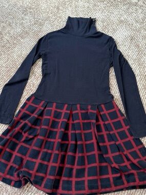 Petit Bateau Navy Turtleneck Dress with Red Windowpane Skirt